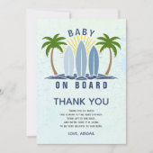 ベビーオンボードサーフィンスプラッシュブルー男の赤ちゃんシャワー サンキューカード (正面)