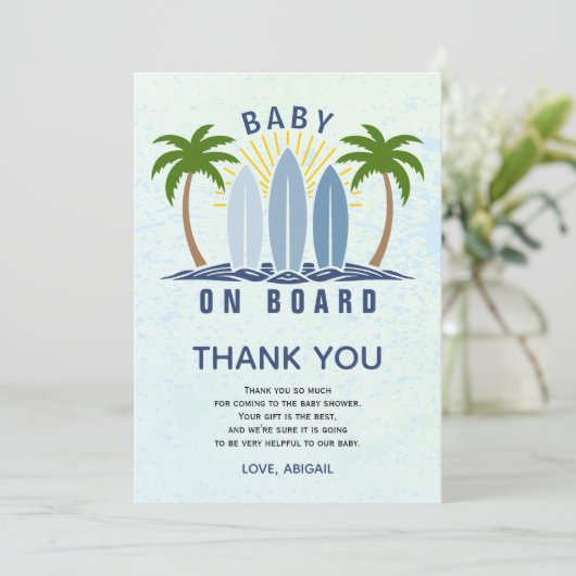 ベビーオンボードサーフィンスプラッシュブルー男の赤ちゃんシャワー サンキューカード (スタンド正面)