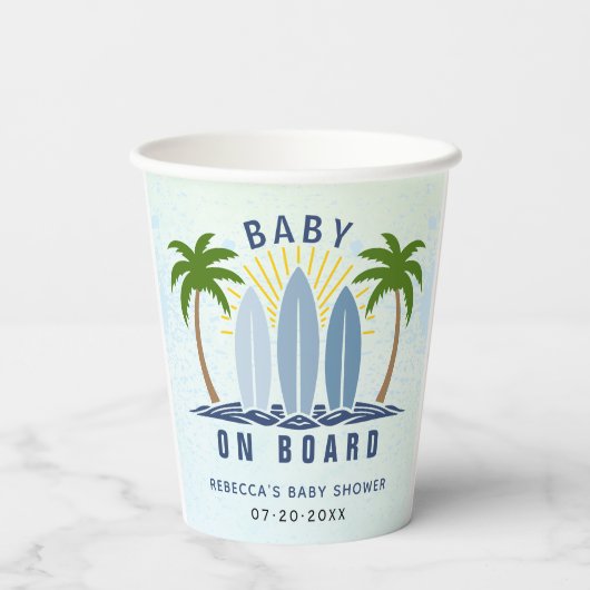 ベビーオンボードサーフィンスプラッシュブルー男の赤ちゃんシャワー 紙コップ (裏面)