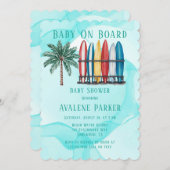 ベビーオンボードサーフィンティール(緑がかった色)ベビーシャワー 招待状 (正面/裏面)