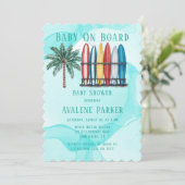 ベビーオンボードサーフィンティール(緑がかった色)ベビーシャワー 招待状 (スタンド正面)
