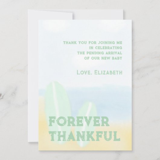 ベビーオンボードサーフィンビーチ水色ベビーシャワー サンキューカード (正面)