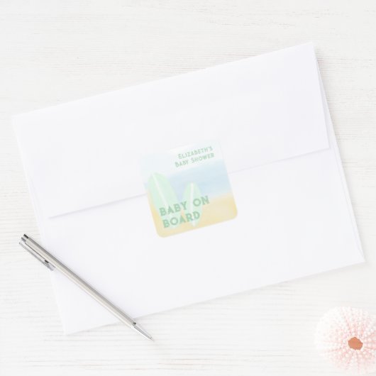 ベビーオンボードサーフィンビーチ水色ベビーシャワー スクエアシール (封筒)