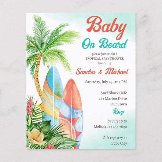 ベビーオンボードサーフィンベビーシャワー予算招待状 (正面)