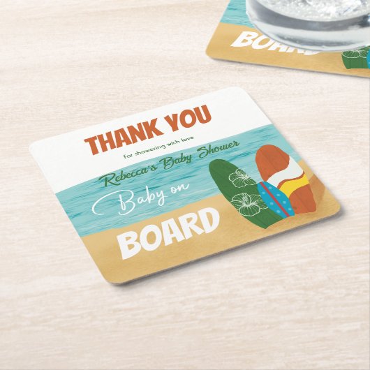 ベビーオンボードサーフィン熱帯ビーチベビーシャワー スクエアペーパーコースター (アングル)