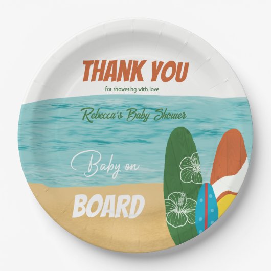 ベビーオンボードサーフィン熱帯ビーチベビーシャワー ペーパープレート (正面)