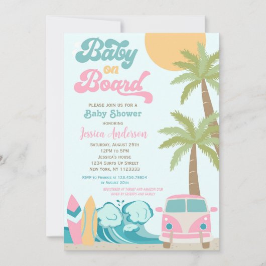 ベビーオンボードサーフベビーシャワー招待状ガール 招待状 (正面)