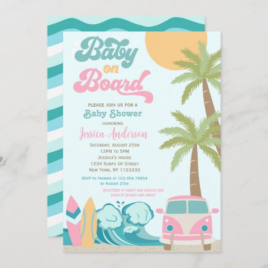 ベビーオンボードサーフベビーシャワー招待状ガール 招待状 (正面/裏面)