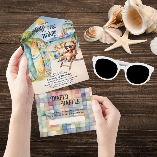 ベビーオンボードサーフボードテディベアベビーシャワー オールインワン招待状