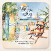 ベビーオンボードサーフボードテディベアベビーシャワー スクエアペーパーコースター (正面)