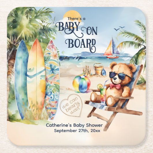 ベビーオンボードサーフボードテディベアベビーシャワー スクエアペーパーコースター (正面)