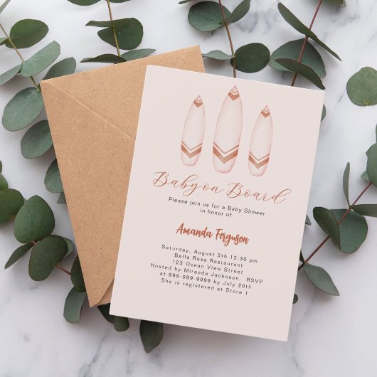 ベビーオンボードサーフボードベージュブラウンベビーシャワー 招待状