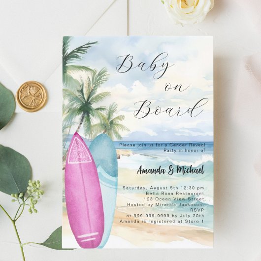 ベビーオンボードサーフボード女の子ボーイジェンダーリビール 招待状