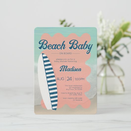 ベビーオンボードネイビーストライプビーチベビーシャワー 招待状 (スタンド正面)