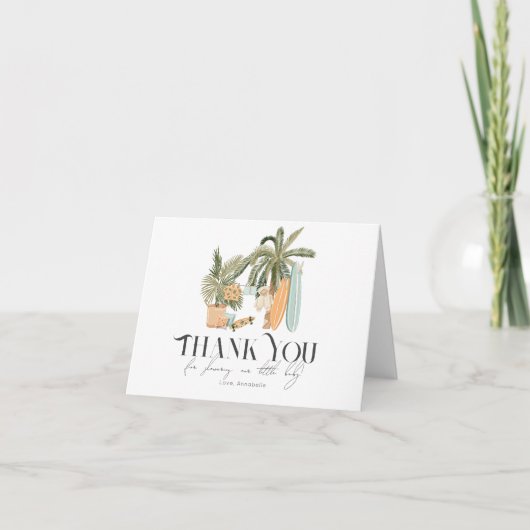ベビーオンボードパームツリーサーフボードベビーシャワー サンキューカード (正面)