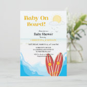 ベビーオンボードビーチサーフィンボードベビーシャワー 招待状 (スタンド正面)