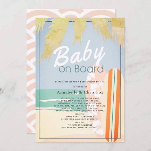 ベビーオンボードビーチサーフガールベビーシャワーバイメール 招待状 (正面/裏面)