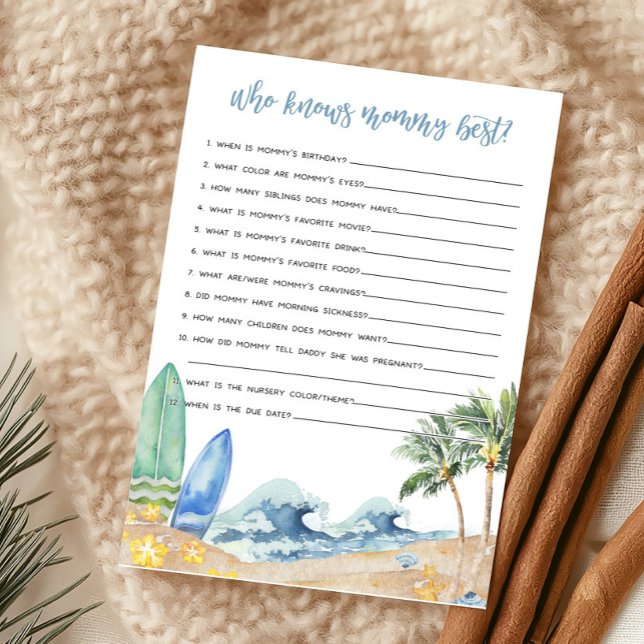 ベビーオンボードビーチベビー誰がママのゲームを知っ最高のている (Surfing Summer Boy Baby Shower Who knows Mommy Best Game)