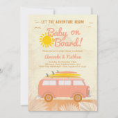 ベビーオンボードピンクの女の子サーフボードベビーシャワー 招待状 (正面)