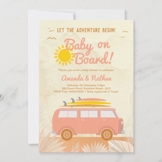 ベビーオンボードピンクの女の子サーフボードベビーシャワー 招待状 (正面)