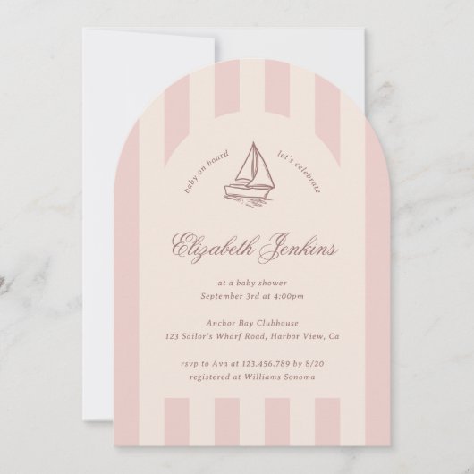 ベビーオンボードピンクエレガントの帆船ベビーシャワー 招待状 (正面)