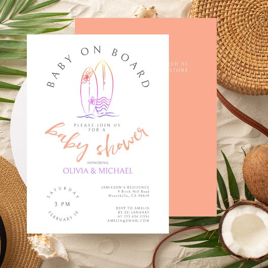 ベビーオンボードピンクサーフボードベビーギールシャワー 招待状