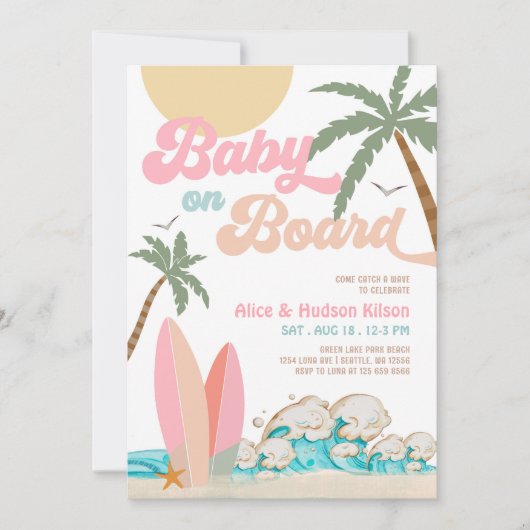 ベビーオンボードベビーシャワー散水サーフィンシャワー 招待状 (正面)
