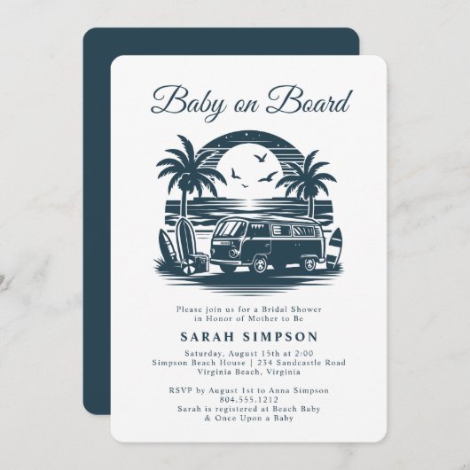 ベビーオンボードレトロトロピカルベビーシャワー 招待状 (正面/裏面)