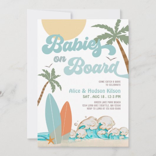 ベビーオンボード振りかけるサーフサーフィンベビーシャワー 招待状 (正面)