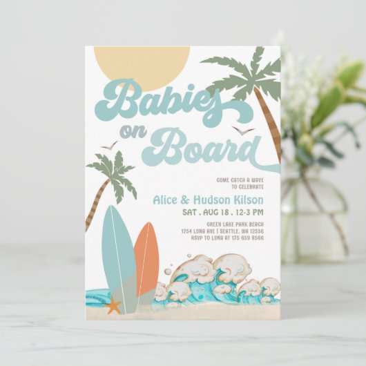 ベビーオンボード振りかけるサーフサーフィンベビーシャワー 招待状 (スタンド正面)