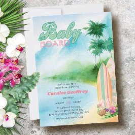 ベビーオンボード水彩サーフィンビーチベビーシャワー 招待状