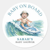 ベビーオンボード水彩サーフィンベビーシャワー ラウンドシール (正面)