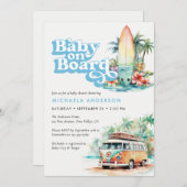 ベビーオンボード水彩ビーチサーフベビーシャワー 招待状 (正面/裏面)
