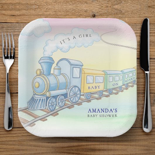 ベビーオンボード水彩列車ベビーシャワー ペーパープレート