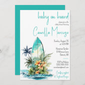 ベビーオンボード、サーフボード、パームツリーベビーシャワー 招待状 (正面/裏面)