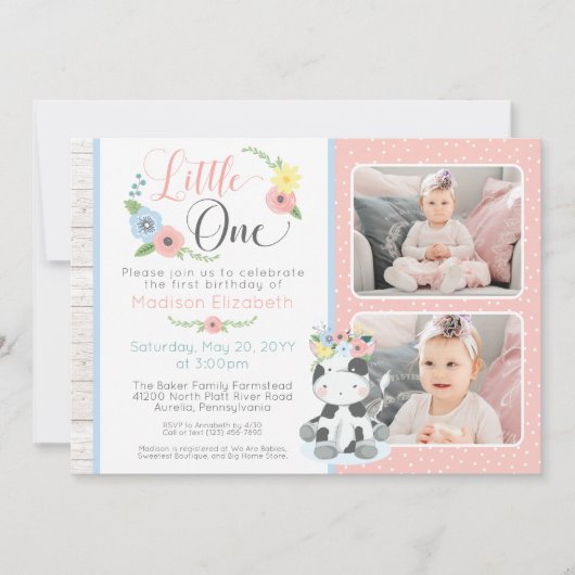 ベビーカウファースト誕生日フローラふくらはぎフォトコラージュ 招待状 (正面)