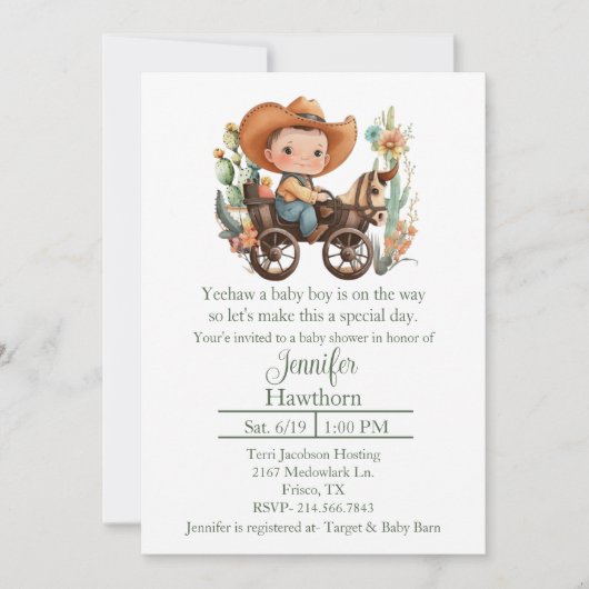 ベビーカウボーイベビーシャワー招待状 招待状 (正面)