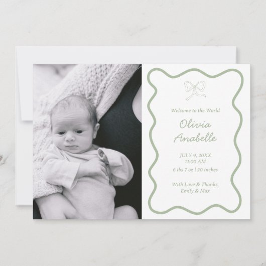 ベビーカスタムセージグリーンボウウェーブボホコラージュ誕生 案内状 (正面)
