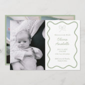 ベビーカスタムセージグリーンボウウェーブボホコラージュ誕生 案内状 (正面/裏面)