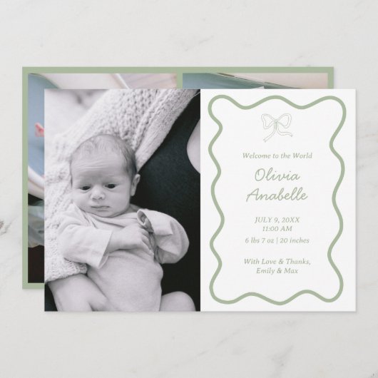 ベビーカスタムセージグリーンボウウェーブボホコラージュ誕生 案内状 (正面/裏面)