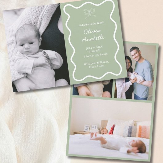 ベビーカスタムセージグリーンボウウェーブボホコラージュ誕生 案内状