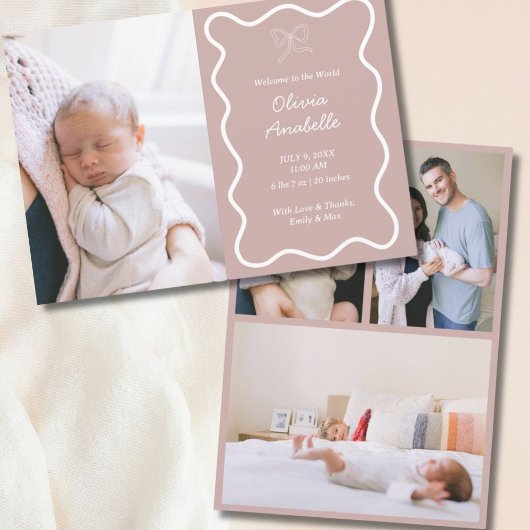 ベビーカスタムダスティピンクボウウェーブボホコラージュ誕生 案内状