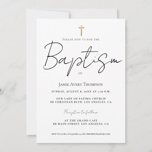 ベビーカスタムフォトバプテスマ金ゴールドクロスシック 招待状 (裏面)