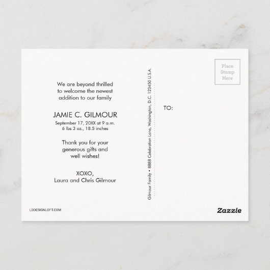 ベビーカスタム誕生発表チョークありがとう ポストカード (裏面)