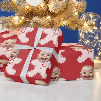 ベビーカスタム顔フォトジンジャーブレッドマンクリスマス ラッピングペーパー