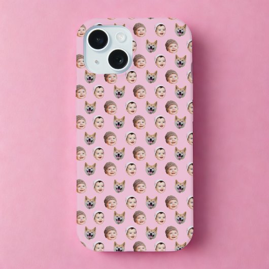 ベビーカスタム顔、カスタム家族3枚フォトピンク iPhone 15ケース