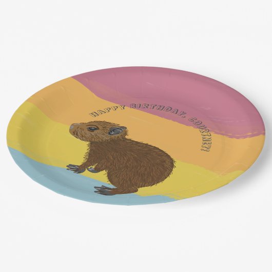 ベビーカピバラキュートイラストレーションストライプの ペーパープレート (アングル)