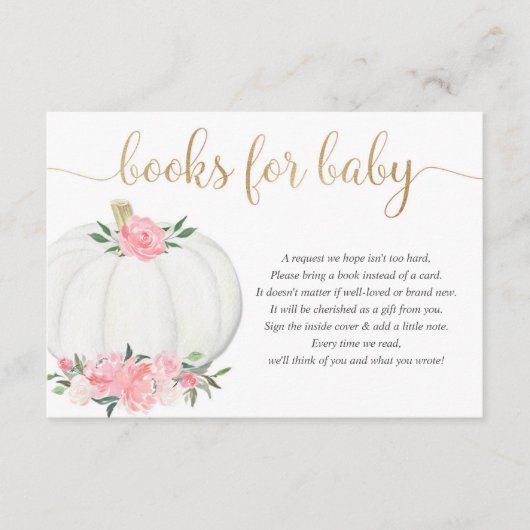 ベビーカボチャのピンクの金ゴールド女の子の赤ちゃんシャワーのための本 エンクロージャーカード (正面)