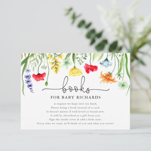 ベビーカラフルの花の赤ちゃんシャワー用の本 エンクロージャーカード (スタンド正面)