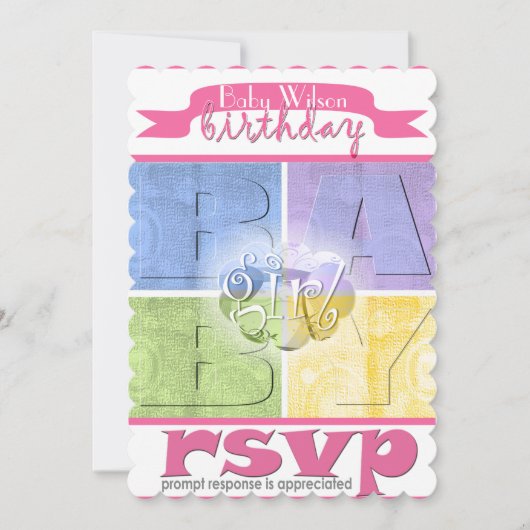 ベビーカラフルガール誕生日招待状 招待状 (正面)
